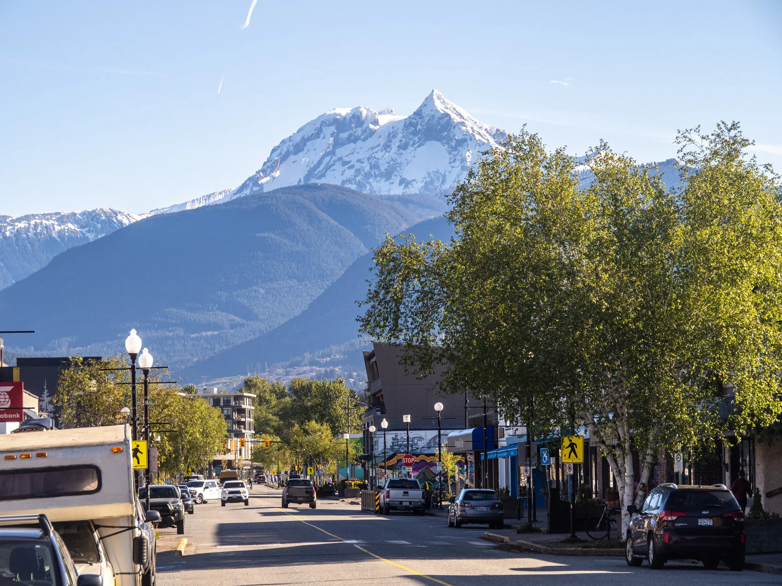 Downtown Squamish, with Nch’Kay towering above. Mt. Atwell is the prominent triangle peak on the right, and the true summit is the small bit in the centre back.
