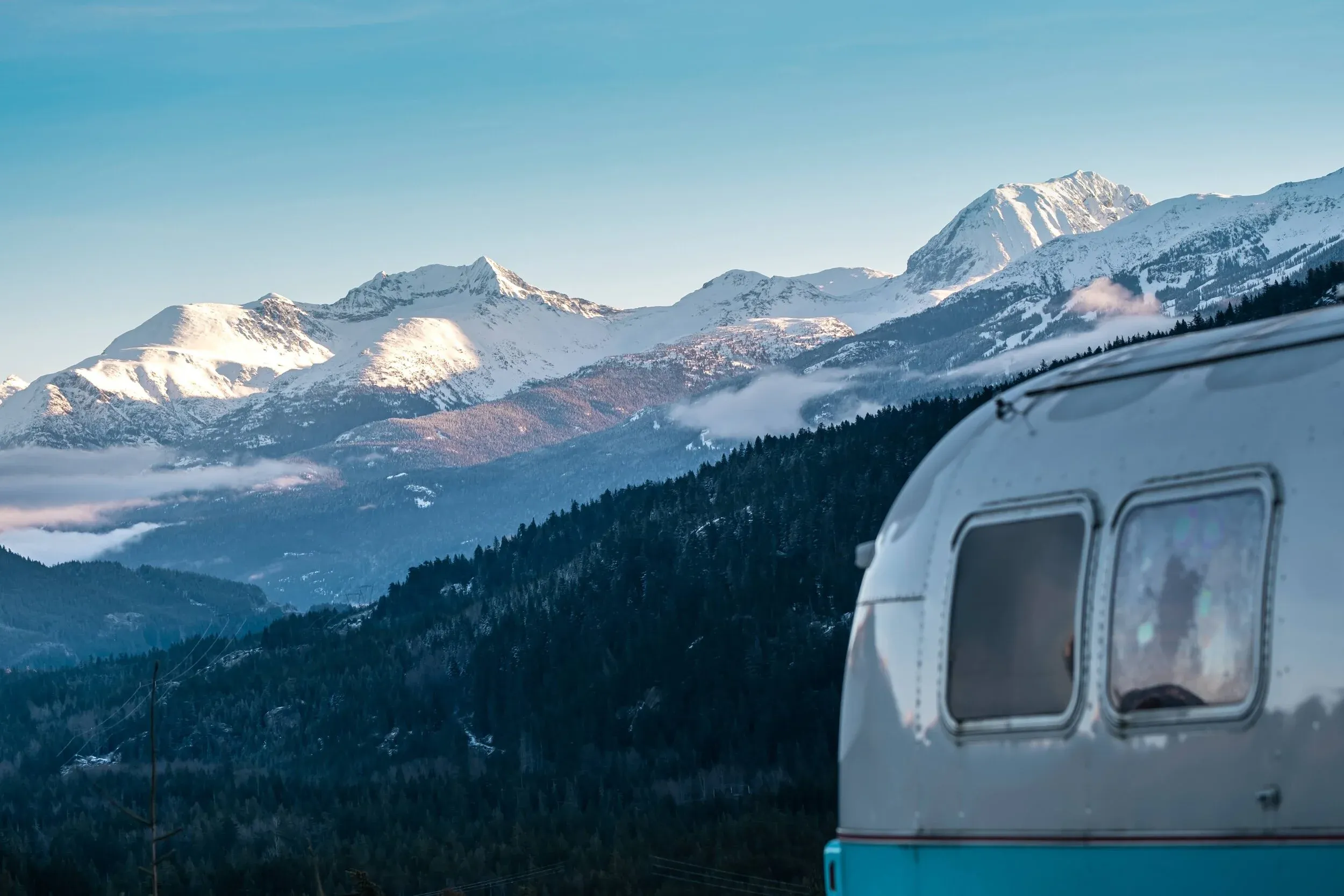 Trailer Park views don’t get much better than this… Whistler-Blackcomb with Wedge Mountain standing tall behind, catching the early morning light.