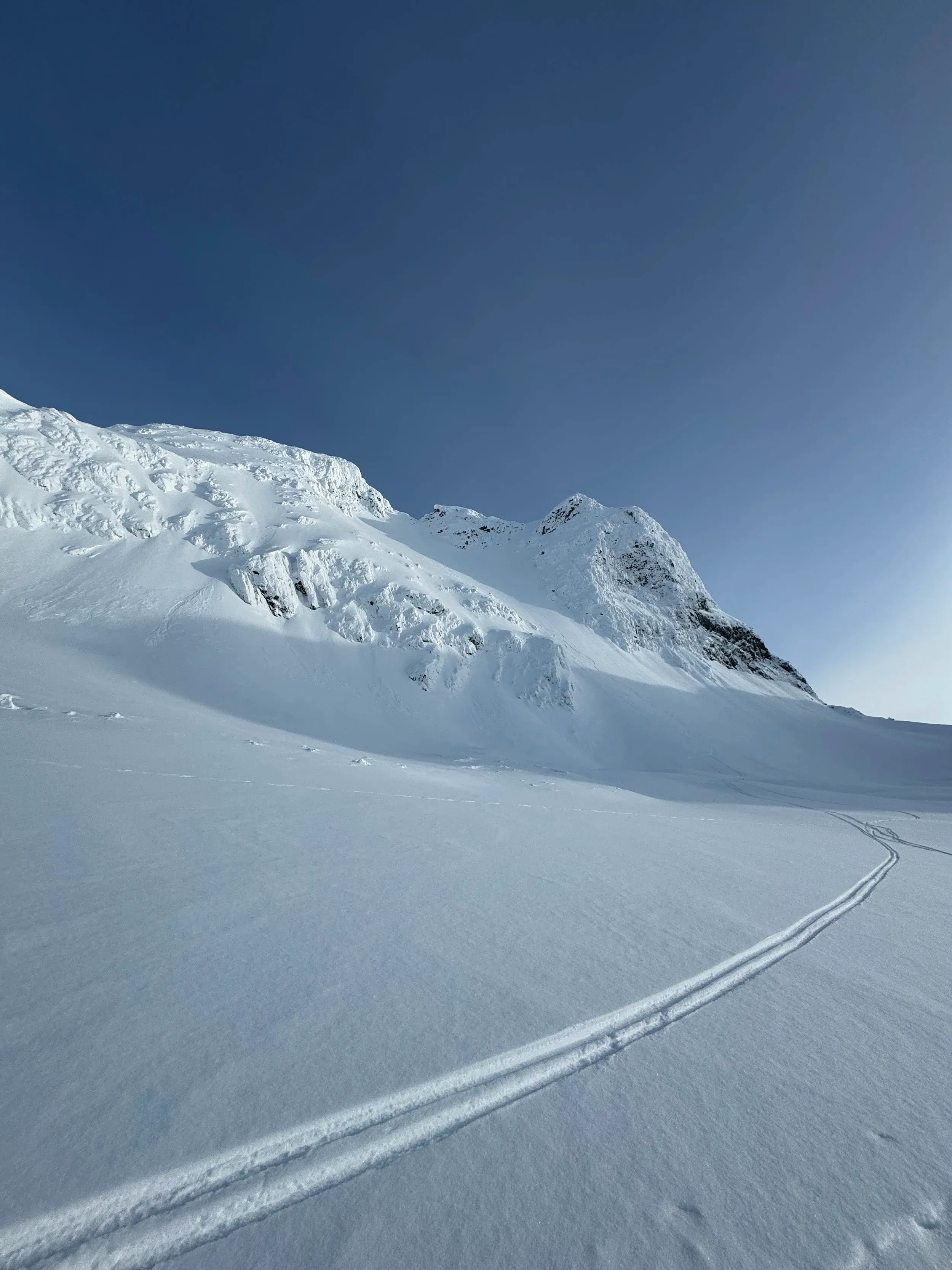 A look back up to the summit and the beautiful consistent pitch of fantastic skiing on the NW face