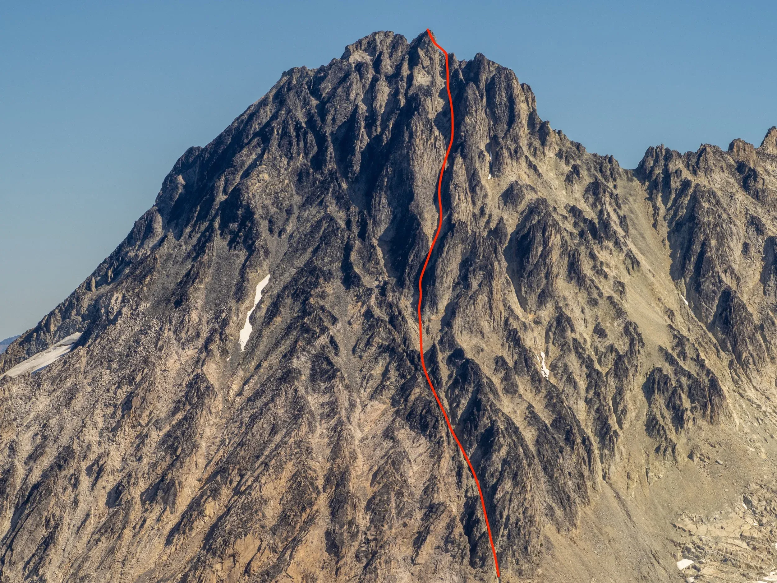 The route up Etherweard from across the valley. Described as a Class 4 scramble… May be above “moderate danger”